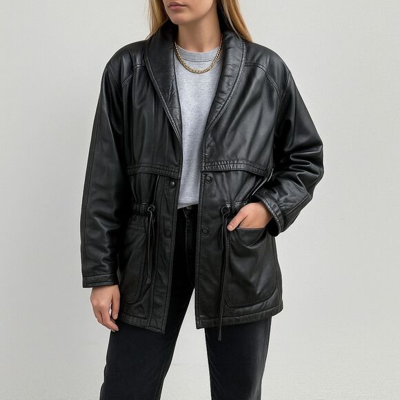 Vintage 90s Wilsons Leather Black Drawstring Anorak Jacket Women’s Size Medium - Picture 1 of 10